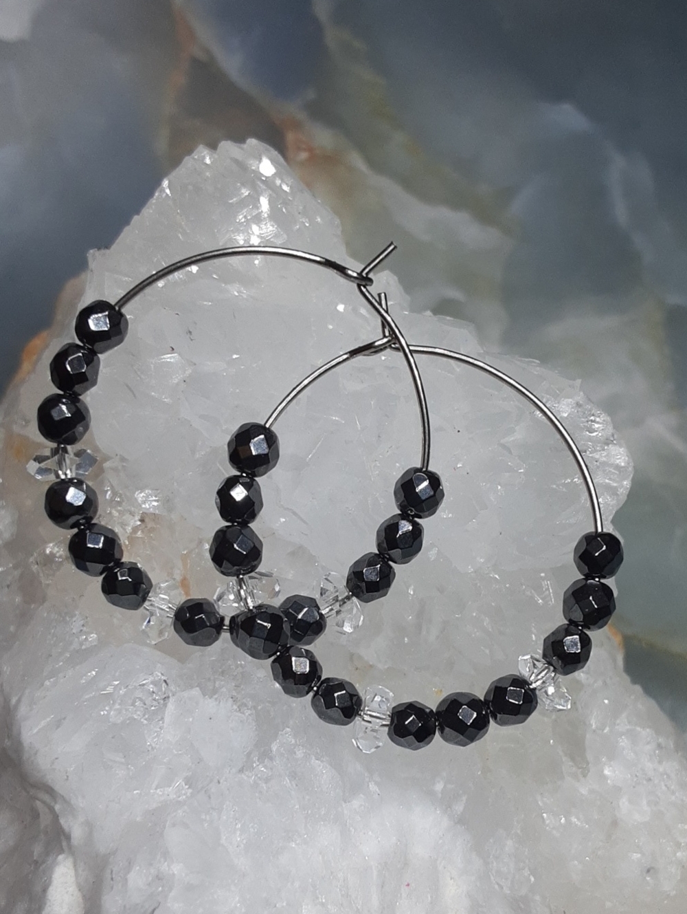 Stainless Steel Hematite, Herkimer Diamond Quartz Hoops. PRICE IS FIRM.